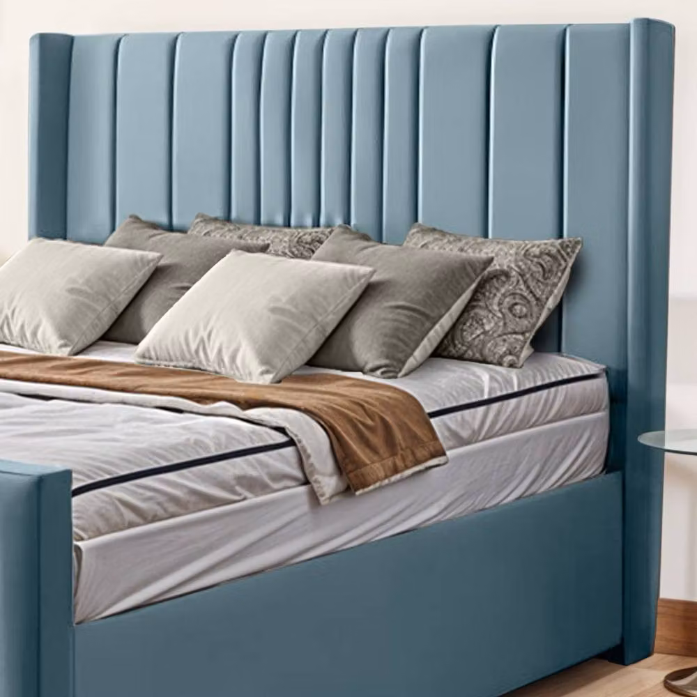 UK Bed Furniture Balmoral Wingback Ottoman Gas Lift Upholstered Bed in Blue Velvet, Size: 180 x 200 cm – 2