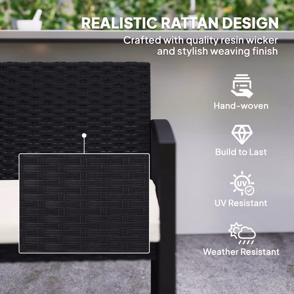 OUTSUNNY 2 Seater Rattan Garden Bench with Cushions and Armrests, Black and Beige – 5
