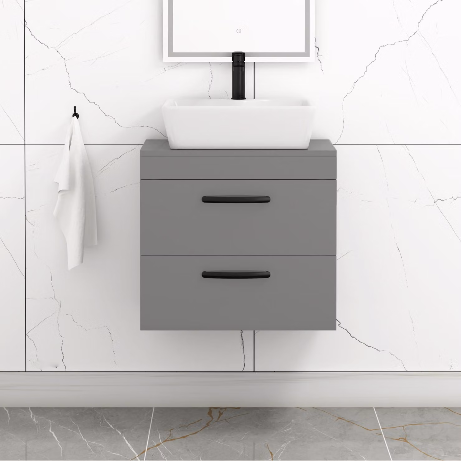 Royal Bathrooms 600mm Wall Hung Vanity Unit with 2 Drawers and Cube Countertop Basin in Indigo Grey Gloss with Matt Black Handles
