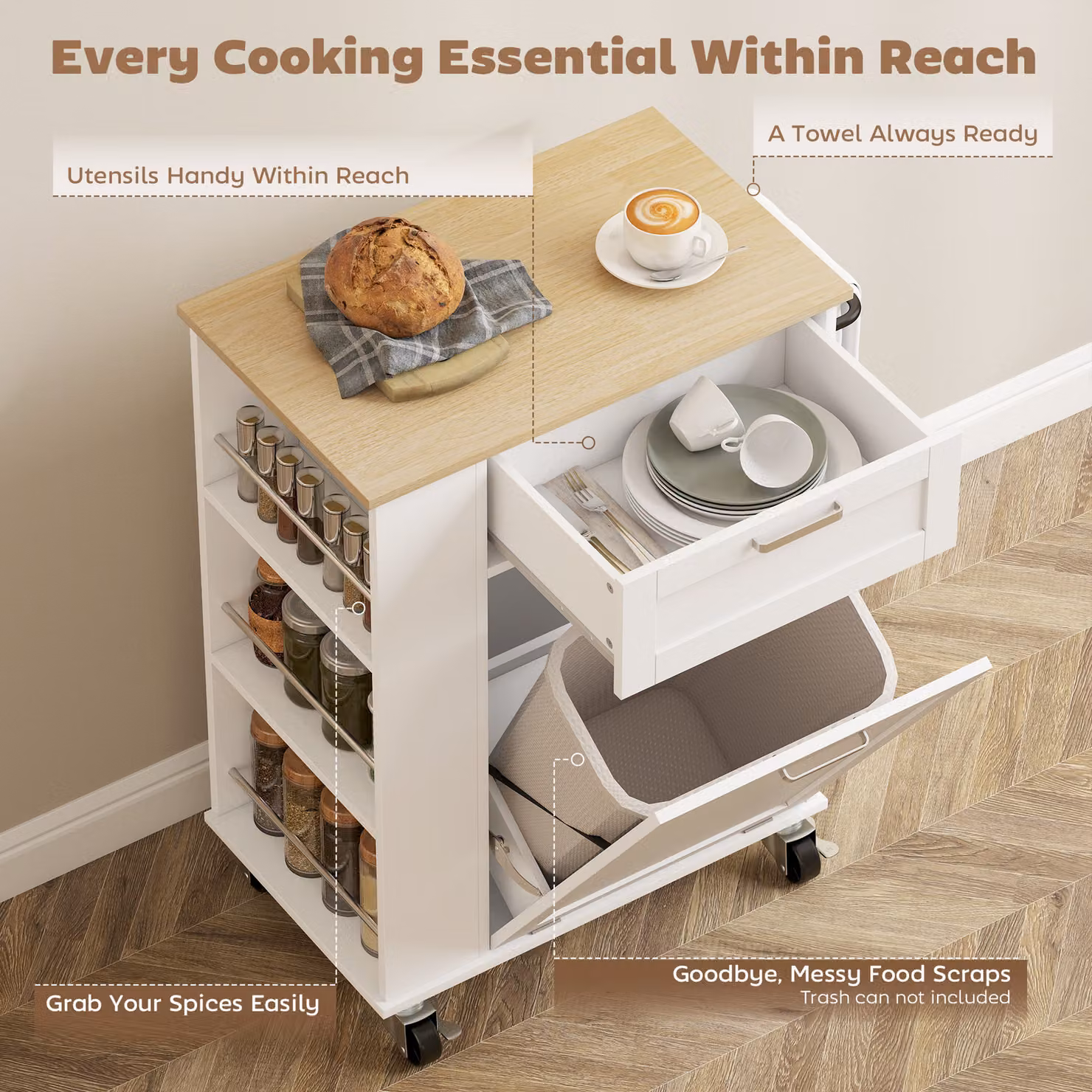 HOMCOM White Kitchen Storage Trolley with 2 Drawers and Tilt-Out Rubbish Cabinet – 2