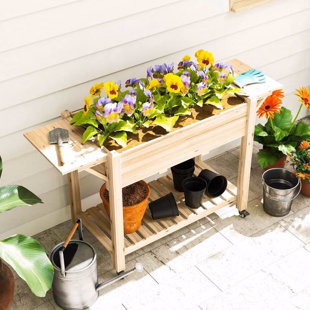 Kelvenix Brown Wooden Raised Garden Planter with Lockable Wheels, W/D/H: 145 x 86 x 52 cm – 4