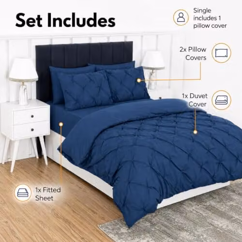 MHG Living Navy Pintuck Microfibre Single Duvet Cover, Pillowcase and Fitted Sheet Set – 4