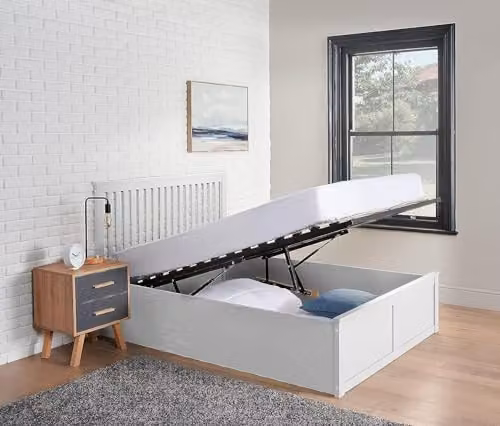 Home Treats White Double Wooden Ottoman Bed Frame with Lift Up Under Bed Storage, W/D/H: 140 x 200 x 110 cm