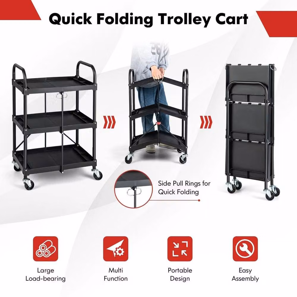 EONLION 3-Tier Folding Metal Storage Trolley in Black – 5