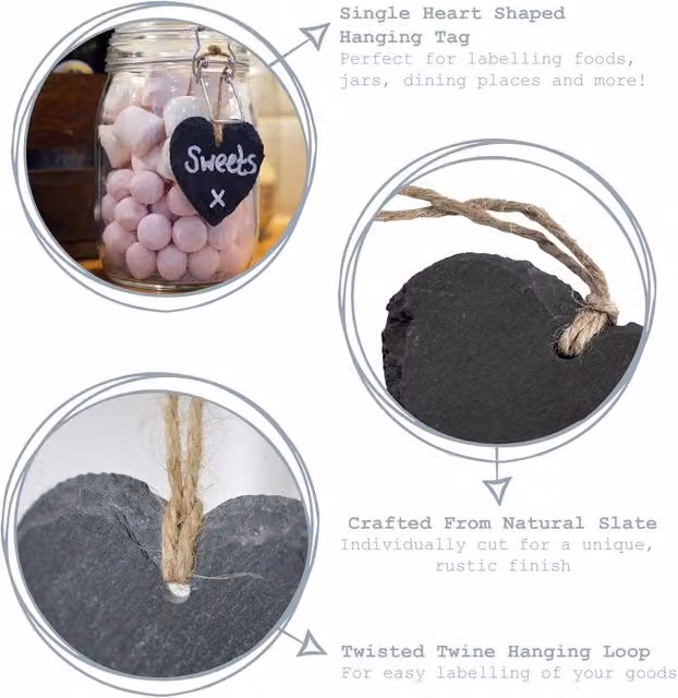 Nicola Spring Rustic Grey Slate Heart Hanging Tags, Pack of 6, W: 7 cm, H: 5.5 cm – 1