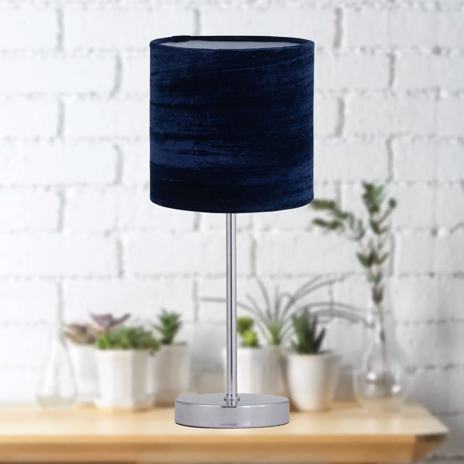 First Choice Lighting Chrome Stick Table Lamp with Navy Blue Fabric Shade – 2