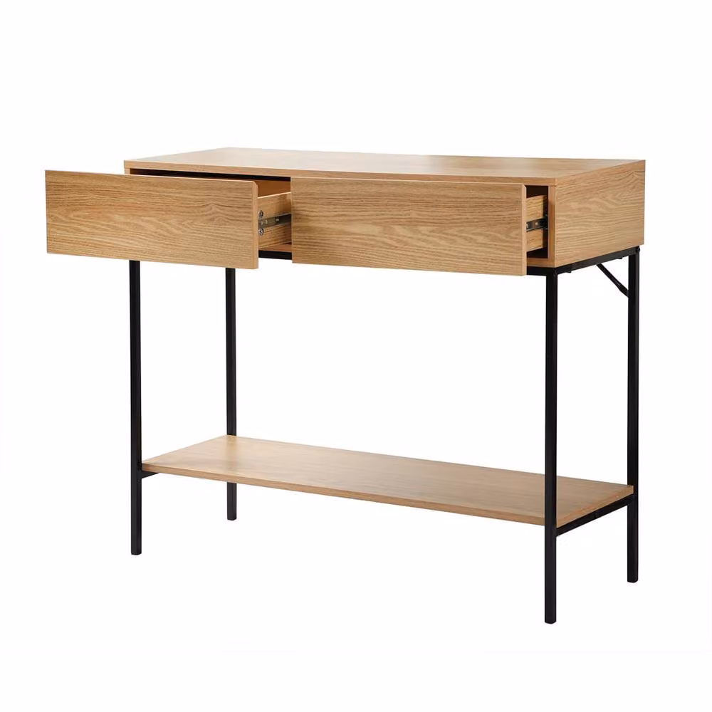 CALICOSY Industrial Console Table with 2 Drawers and 1 Shelf in Light Brown, W: 100 cm, D: 35 cm, H: 81 cm – 3