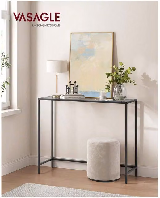VASAGLE Modern Rectangular Console Table with Black and Gold Metal Frame and Tempered Glass Top, W/D/H: 80 x 30 x 20 cm