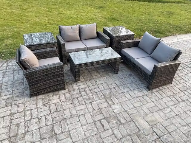 Fimous 6-Piece Rattan Outdoor Garden Furniture Sofa Set with Coffee Table and 2 Side Tables in Dark Grey