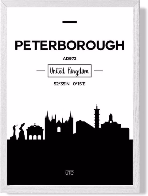 ARTZE Peterborough Black and White City Skyline Framed Print with White Frame, A2