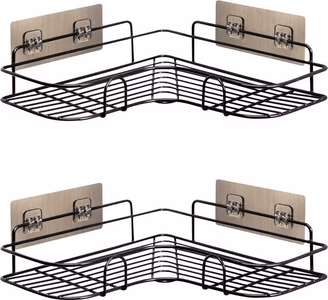 House Of Home Set of 2 Black Metal Self Adhesive Corner Storage Shelves with Back Panel for Bathroom