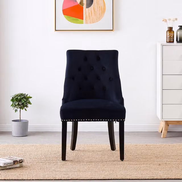 Life Interiors Single Velvet Dining Chair with Button Tufting and Wood Legs in Black – 1