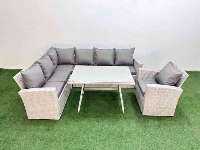 Fimous Garden 7 Seater Modern Outdoor Rattan Furniture Set with Armchairs in Light Grey