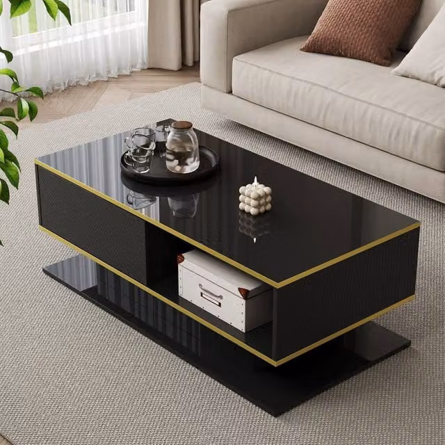Merax Modern High-Gloss Coffee Table with Gold Accents and LED Lighting in Black and Gold, W/D/H: 100 x 50 x 40 cm – 1
