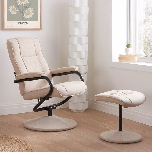 Birlea Memphis Swivel Reclining Chair and Footstool in Beige Fabric
