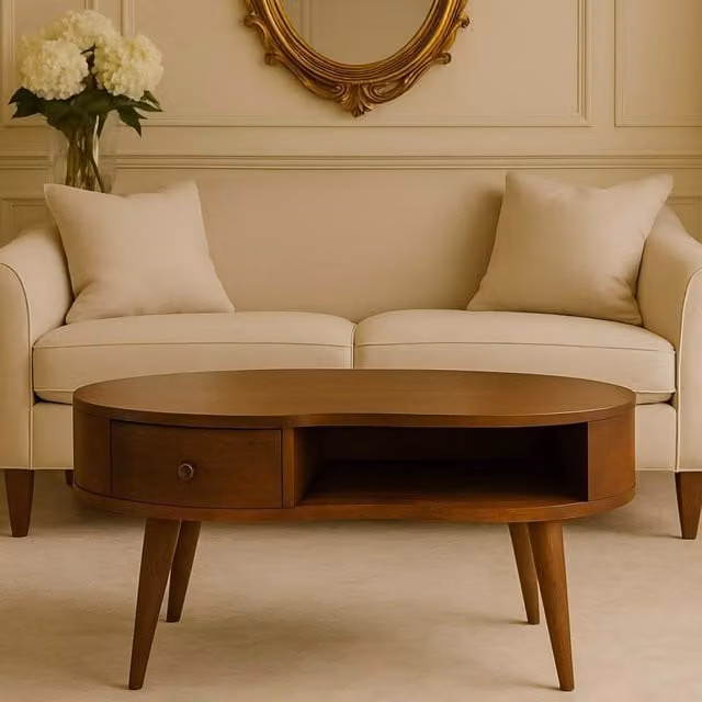 STILVORA Mango Wood Oval Coffee Table with Drawer in Brown