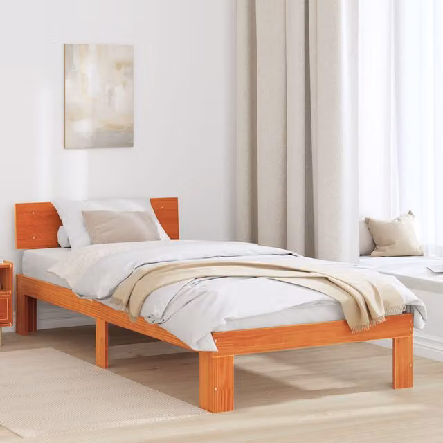 Berkfield Home Solid Pine Wood Bed Frame with Headboard in Wax Brown, W/D/H: 80 x 200 x 66 cm – 1