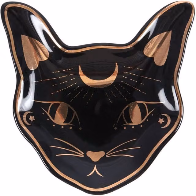 Kingsbury Gifts Mystic Cat Face Ceramic Trinket Dish in Black and Gold