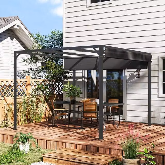 Outsunny Dark Grey Retractable Garden Pergola with Roller Shade, W: 300 cm x D: 300 cm x H: 300 cm