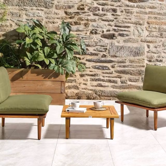 Wyld and Coco Olive Green Acacia Wood 2-Seat Sofa Set with Table – 1