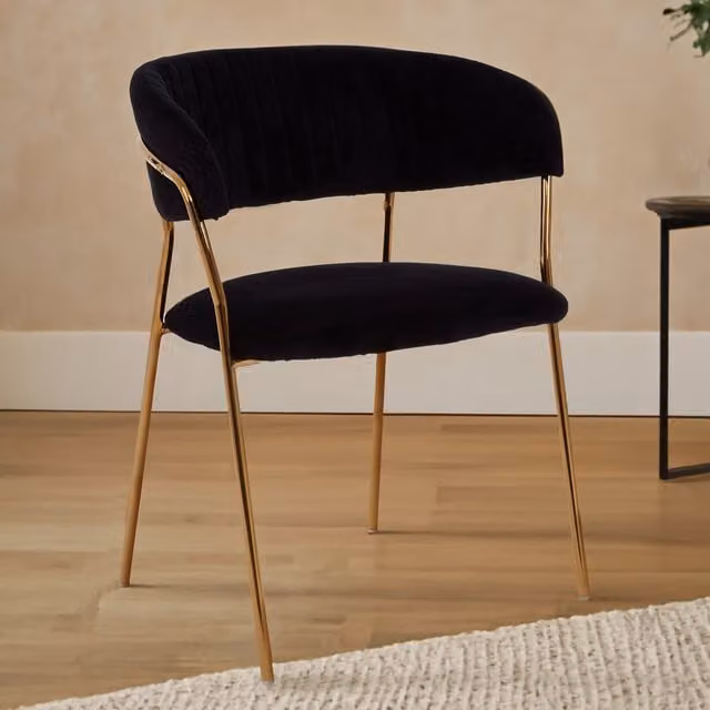 Orsina Modern Black Velvet Channel Tufted Dining Chair with Gold Metal Legs
