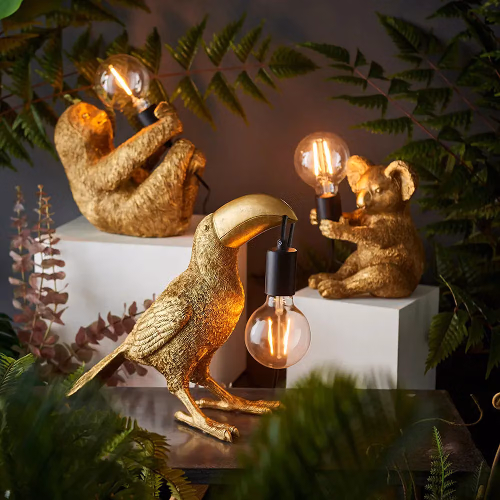 Loops 2 Pack Vintage Gold and Black Toucan Table Lights with Resin Figures and Matt Black Lamp Holders – 3