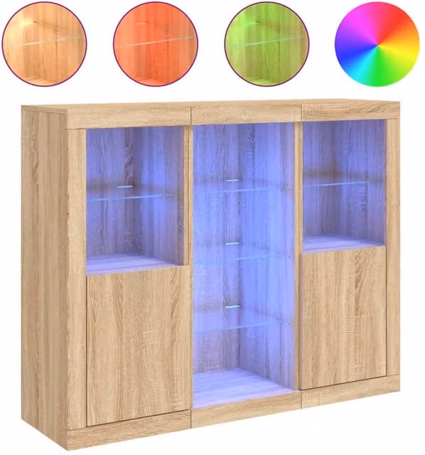 Berkfield Home Set of 3 Sonoma Oak Sideboards with Integrated LED Lighting in Light Tan