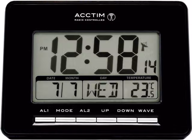 Acctim Infinity Black Digital Radio Controlled Wall Clock with Date Display, Thermometer and Illumination