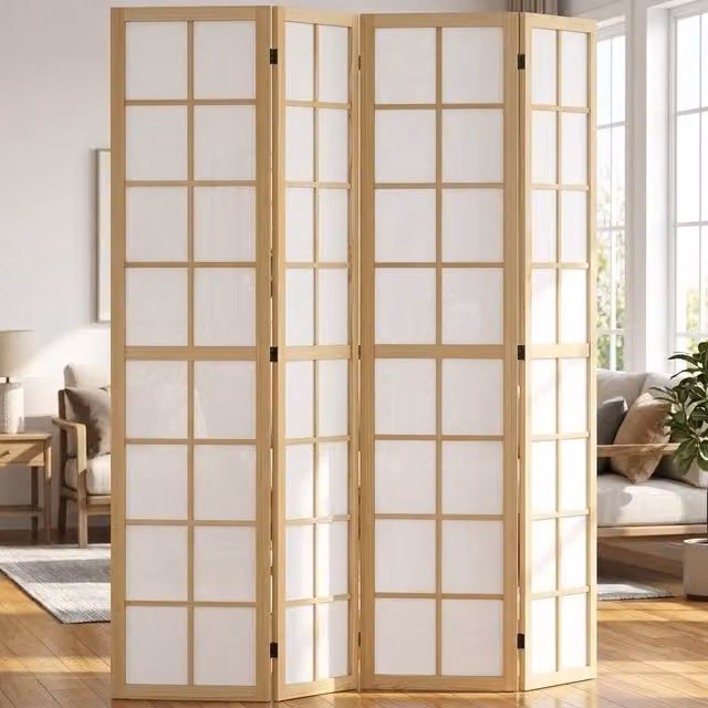 STILVORA 4 Panel Folding Privacy Screen Room Divider in Natural Pine Wood and Beige – 1