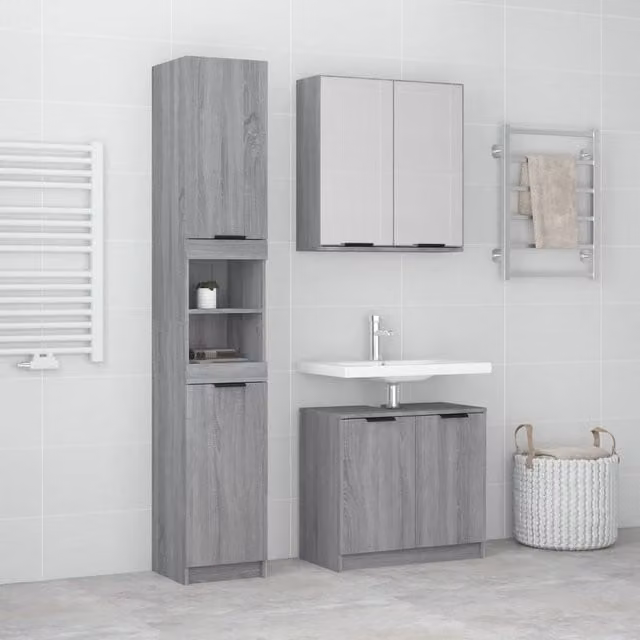 Berkfield Home 3 Piece Modern Grey Bathroom Cabinet Set with LED Lighting and Wall Mounted Storage – 1