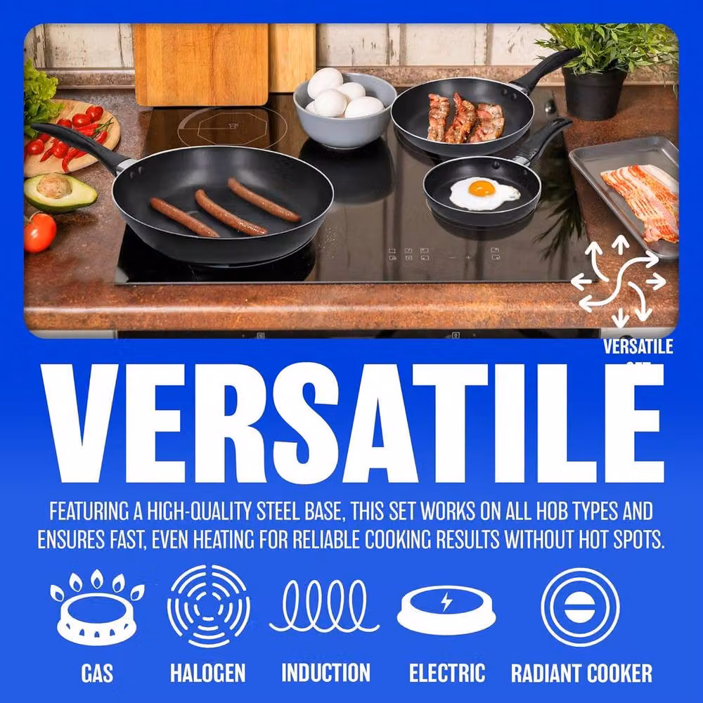 BARGAINS-GALORE Set of 3 Non-Stick Steel Frying Pans in Black – 3