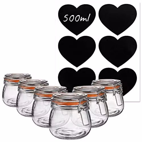 Argon Tableware Set of 6 Leakproof Glass Storage Jars with Clip Lids and Labels, 500ml, Transparent