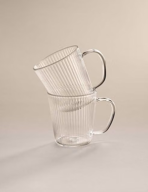 M&S 2 Pack Ribbed Glass Espresso Mugs, Transparent