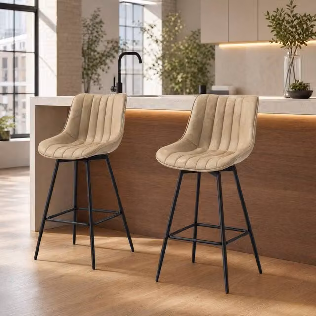 STILVORA Set of 2 Brown Faux Leather Swivel Bar Stools