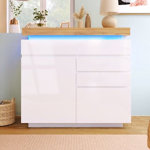 Aosom.UK High-Gloss Modern Sideboard Cabinet with Integrated LED Lighting and Drawers, White, W: 110 cm, D: 39 cm, H: 115 cm