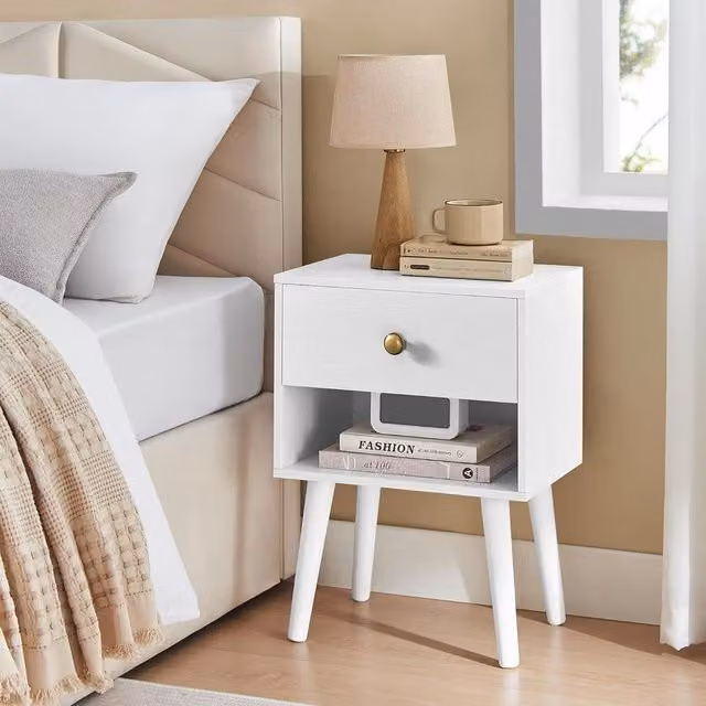 VASAGLE Bedside Table with Storage Drawer and Open Shelf in White