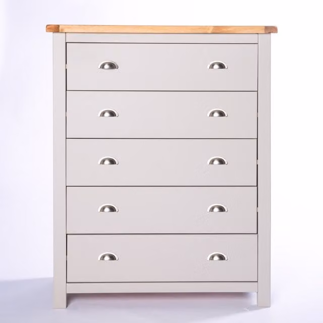 Cabinet Bits Argenta 5 Drawer Chest of Drawers in Light Grey with Chrome Cup Handles
