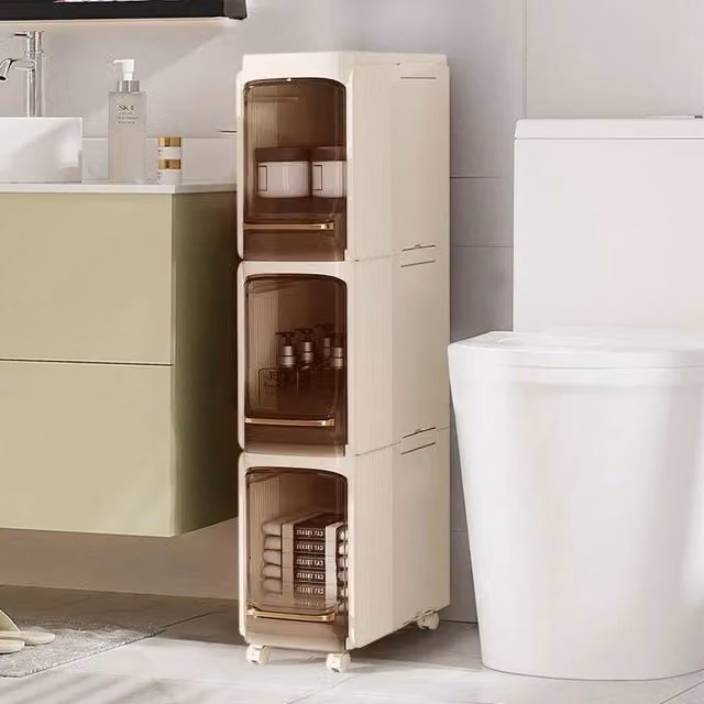 SPETLEK 3-Tier Rolling Slim Tall Bathroom Cabinet Storage in Beige – 1