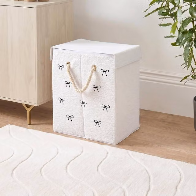 OHS Bow Print Boucle Laundry Basket with Lid and Handles, Cream and Beige