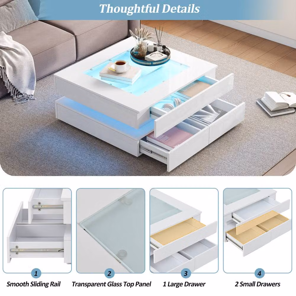 Merax Square High Gloss LED Coffee Table with Tempered Glass Top and 3 Drawers in White, W/D/H: 70 x 70 x 35 cm – 5