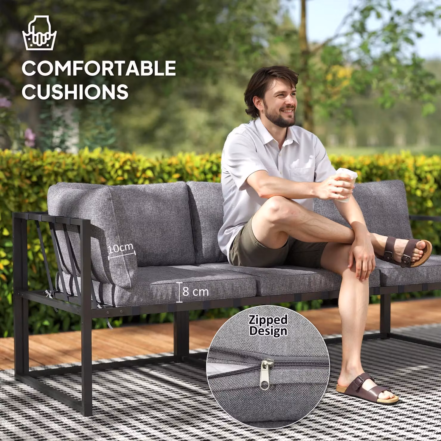 Outsunny 3 Piece L Shaped Garden Furniture Set with Upholstered Cushions in Grey – 8