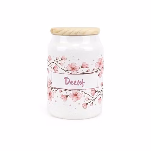 Purely Home Cherry Blossom Decaf Ceramic Storage Canister with Wooden Lid, Pink and White, 0.6 l, H: 14.5 cm, W: 9.5 cm