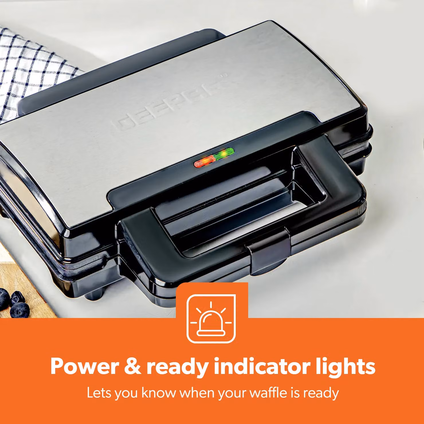 Geepas Belgian Waffle Maker with Non-Stick Plates in Silver and Black – 6