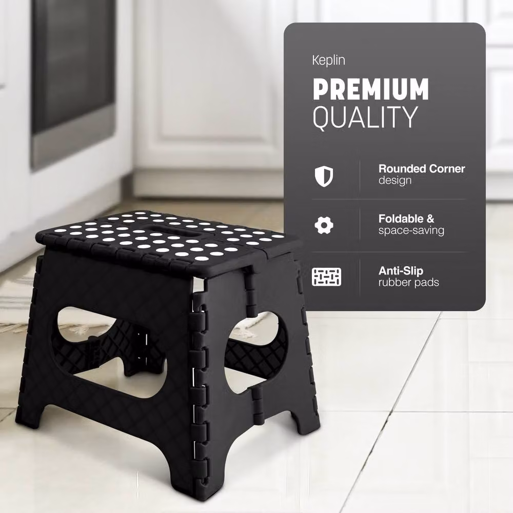 Keplin Heavy Duty Folding Step Stool, Black Plastic Non-Slip Footstool – 3