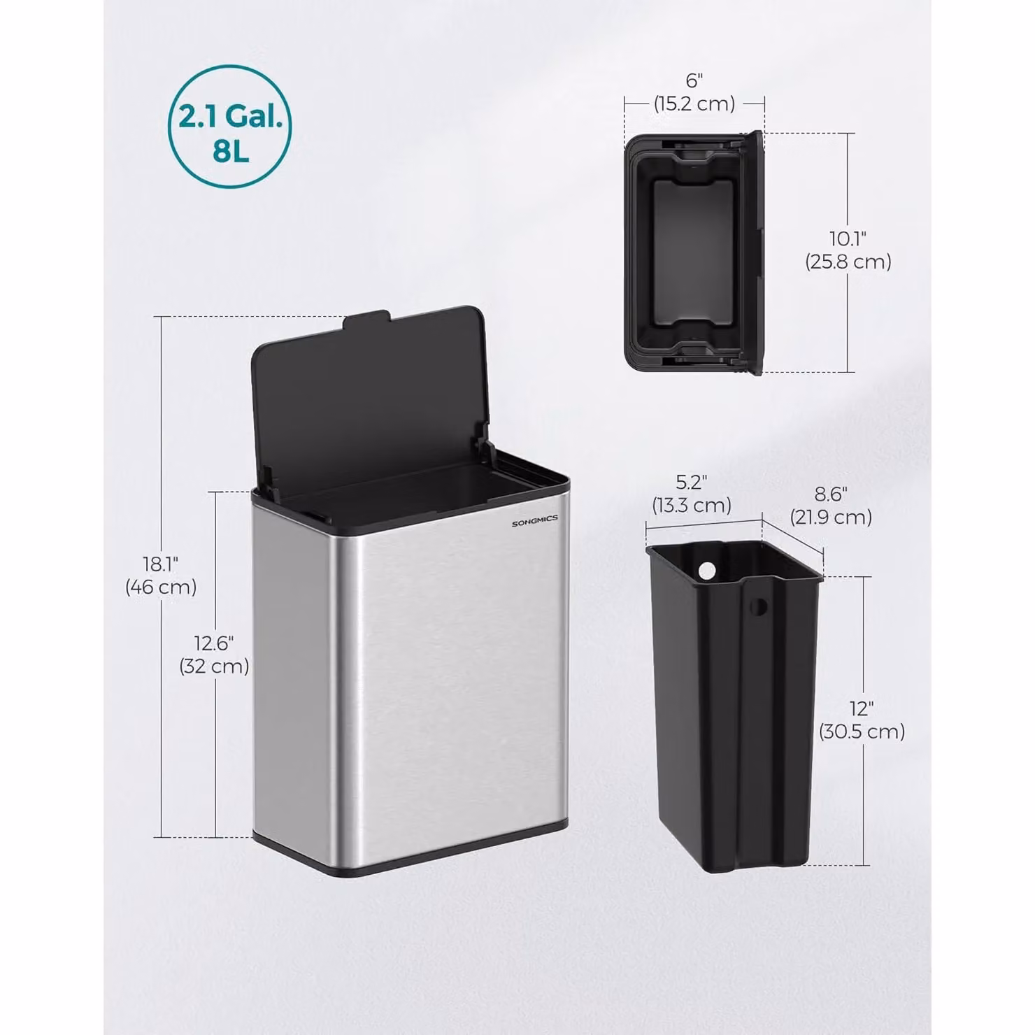 SONGMICS Small Hanging Kitchen Waste Bin with Flip Lid and Removable Inner Bucket, Silver Steel – 2