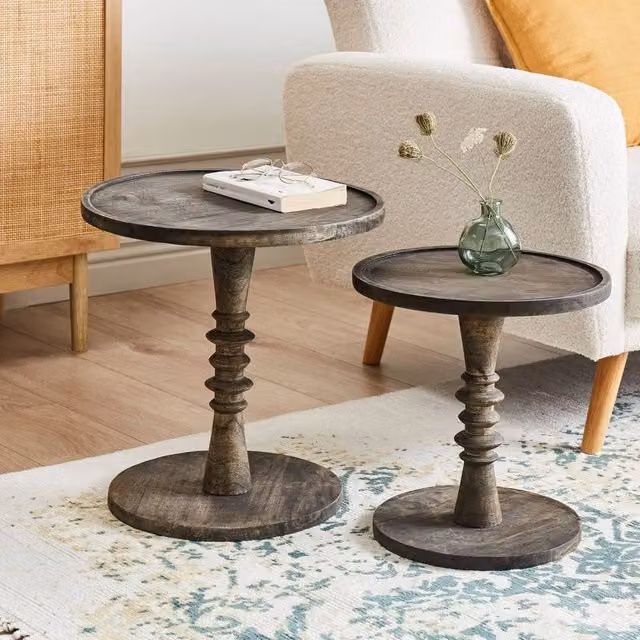 Wyld and Coco Set of 2 Round Mango Wood Side Tables in Brown