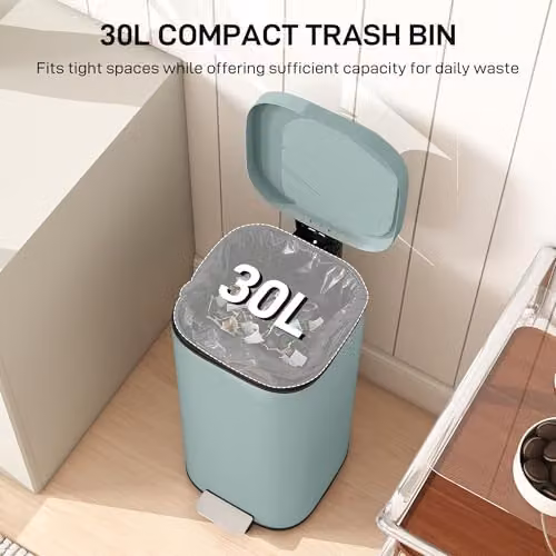 HOMCOM 30L Green Pedal Kitchen Bin with Soft-Close Lid and Removable Inner Bucket – 3