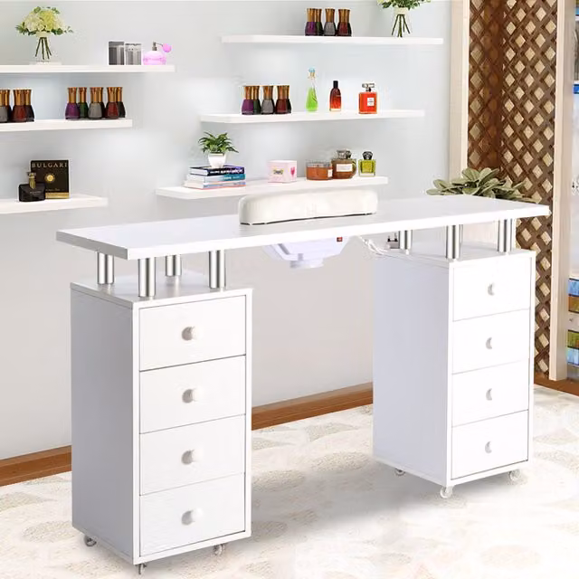 Livingandhome Professional 8-Drawer Manicure Nail Table with Dust Collector in White Glossy Finish