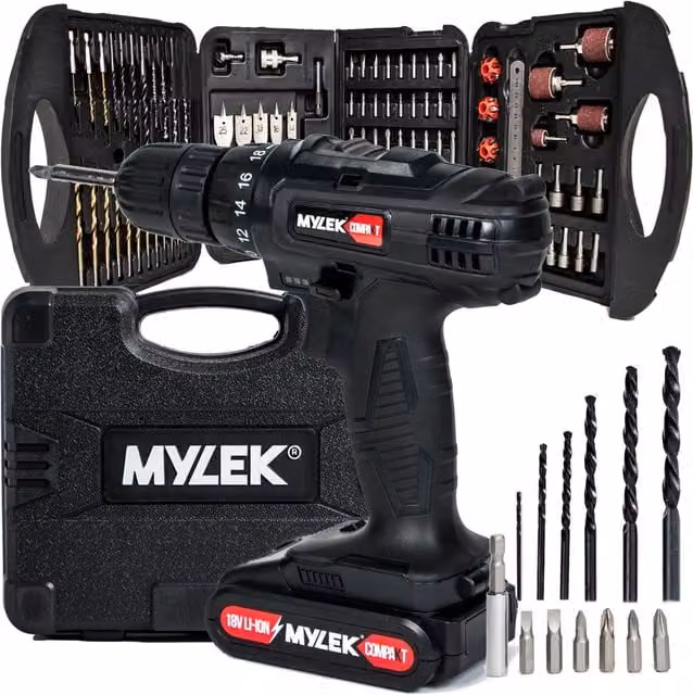 Mylek Cordless Drill Set with 131 Piece Accessory Kit and Case - Black