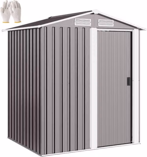 Rolipo Grey Metal Pent Garden Shed with Foundation Kit, W: 152 cm, D: 132 cm, H: 188 cm